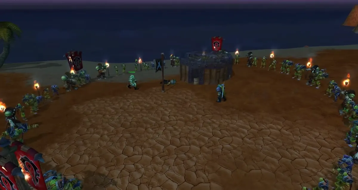 A Mak'gora duel inside a ring of Horde guards with torches and banners