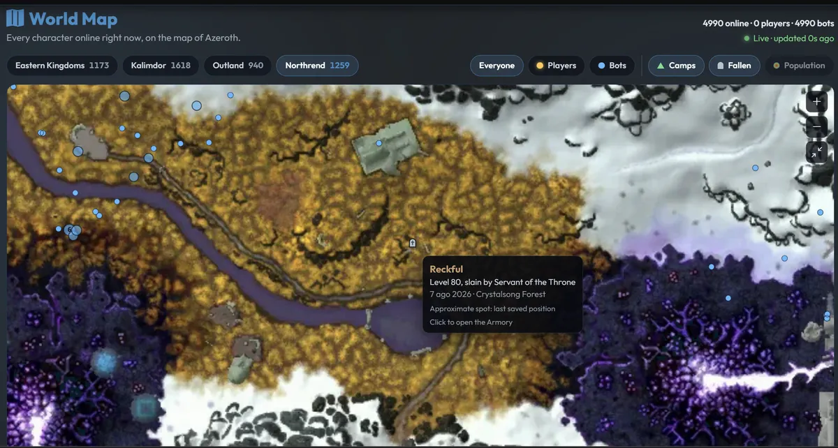 The portal World Map in Northrend with a fallen hero's marker and details
