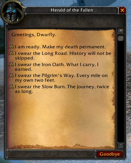 The Herald of the Fallen offering the five Paths of Legends oaths