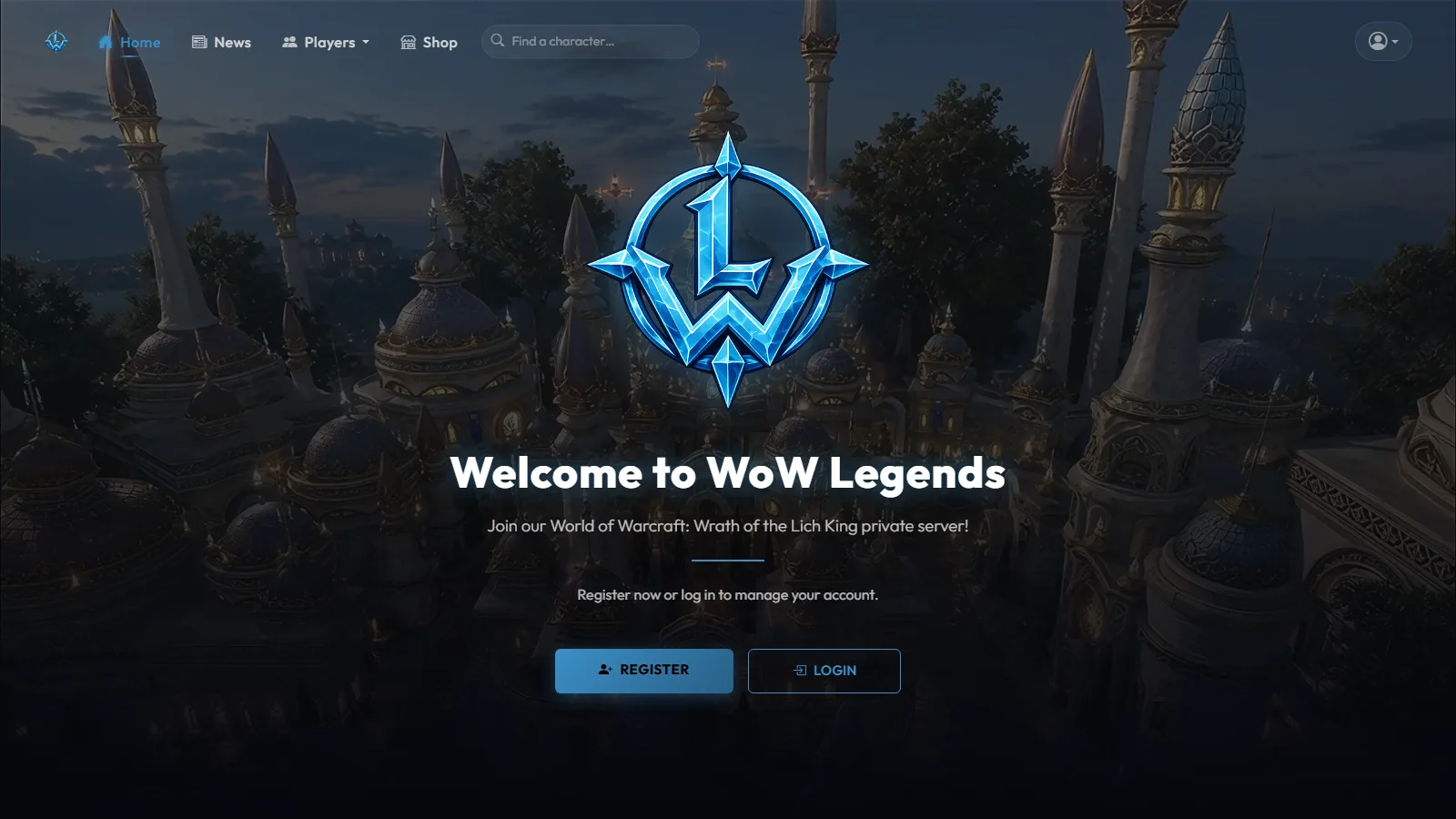 The player portal's landing page with register and login